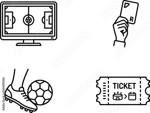 Obraz na plátně Soccer and football line icons set featuring live broadcast match ticket penalty