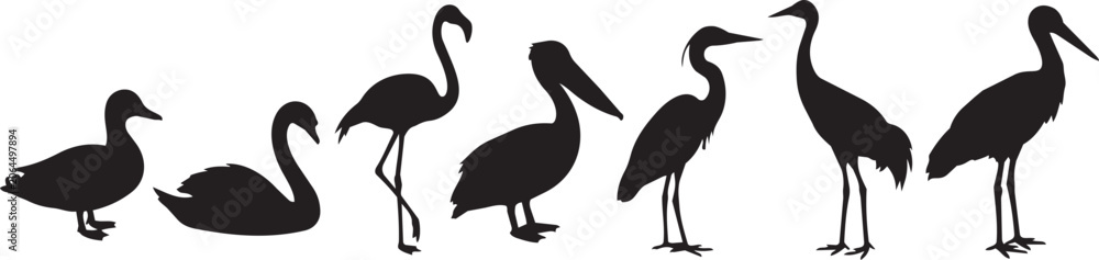 Fototapeta premium Black bird silhouettes, crane and swan icons, vector graphics, wildlife illustrations, animal designs