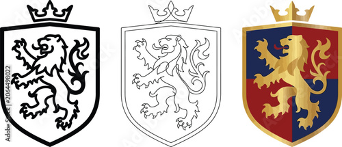 Fotografia Heraldic Lion Crest Design Set with Crown and Shield Variations