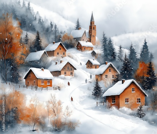 A quiet landscape: an evening in a winter village. Winter village watercolor painting illustration