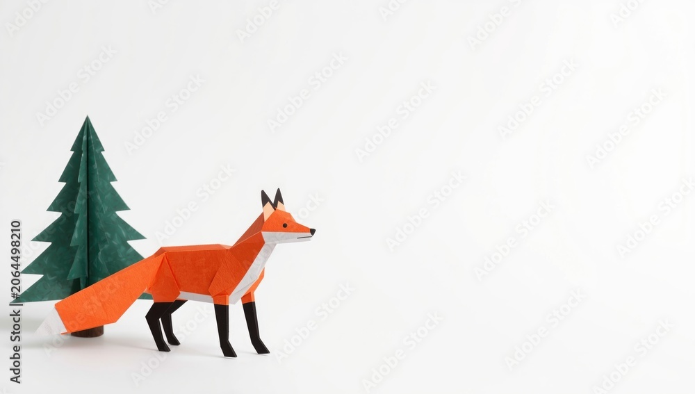 Fototapeta premium Origami fox standing beside a paper Christmas tree