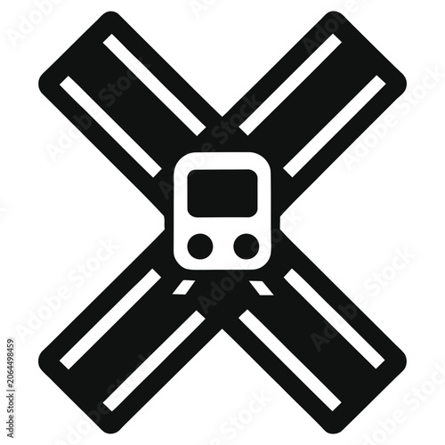Minimalist Railroad Crossing Sign Icon, Black and White Train Crossbuck Vector Illustration, Geometric Railway Traffic Symbol Graphic Design