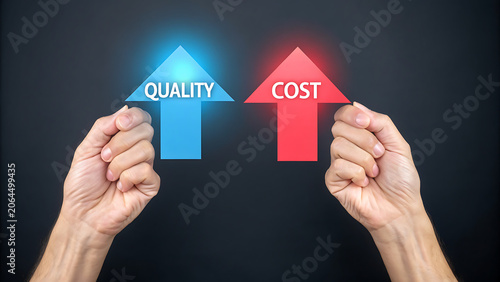 Human hands holding upward pointing red and blue arrows with the words and cost printed on each arrow against a dark background
