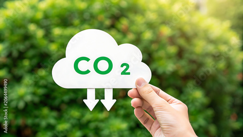 Hand holding a white cloud cutout with green co2 text and downward arrows against a blurred green leafy bush in a natural outdoor setting