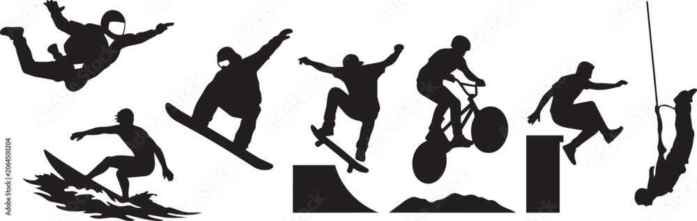 Naklejka premium Extreme sports icons, action silhouettes, athletic vector graphics, black sport illustrations