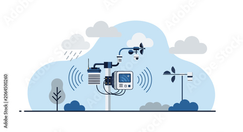 Smart weather station with sensors measuring wind, rain, and temperature, connected wirelessly