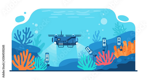 Underwater drone explores coral reef with sensors and lights, marine research