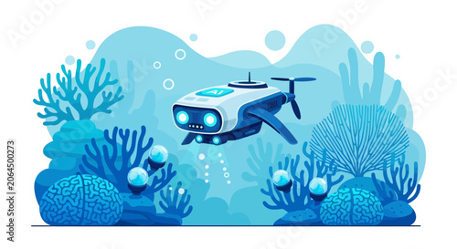 Underwater Exploration: Futuristic ROV Navigates Coral Reef with Bioluminescent Spheres