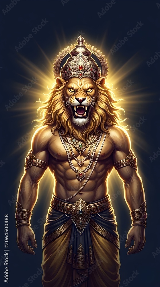 Fototapeta premium Narasimha avatar of Vishnu roaring with golden aura