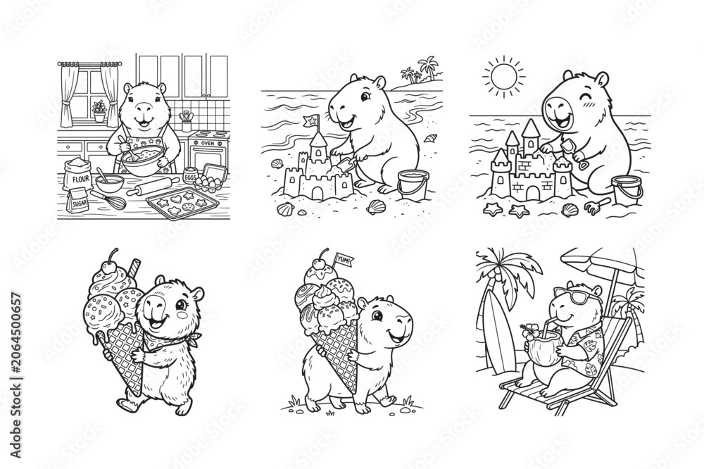 Obraz premium Cute Bear Characters Enjoying Various Activities in Summertime and Indulging in Ice Cream and Building Sandcastles