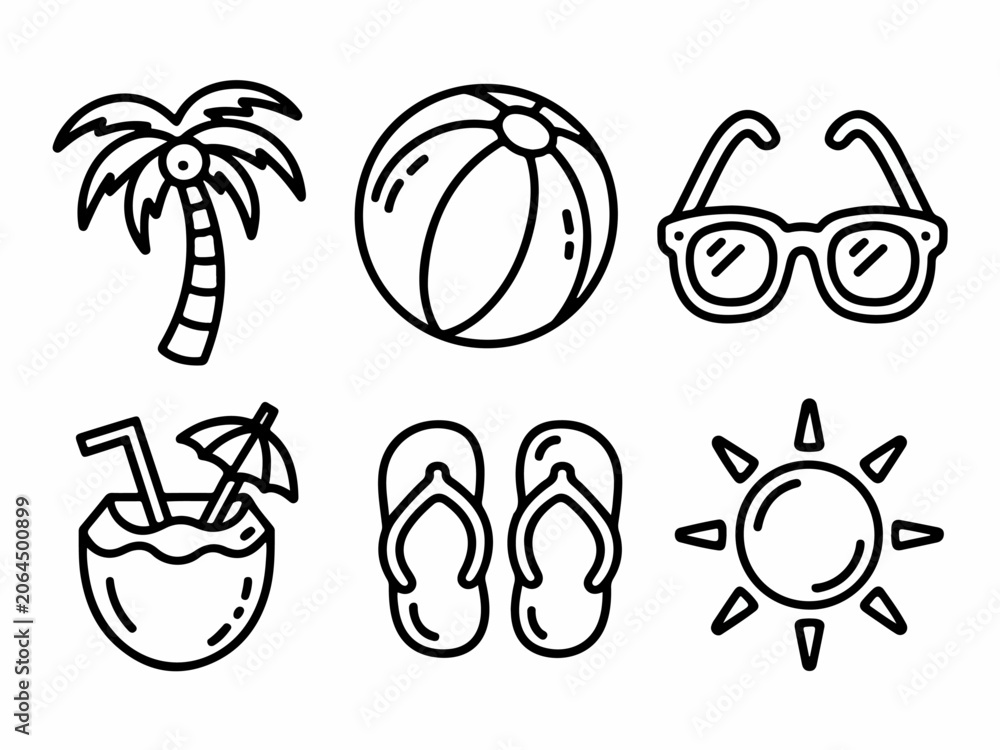 Fototapeta premium Summer vacation icons set including palm tree beach ball sunglasses coconut drink flip flops and sun simple line art for travel and leisure concepts