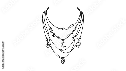 Bohemian Layered Necklace with Celestial Charms - Hand-Drawn Sketch
