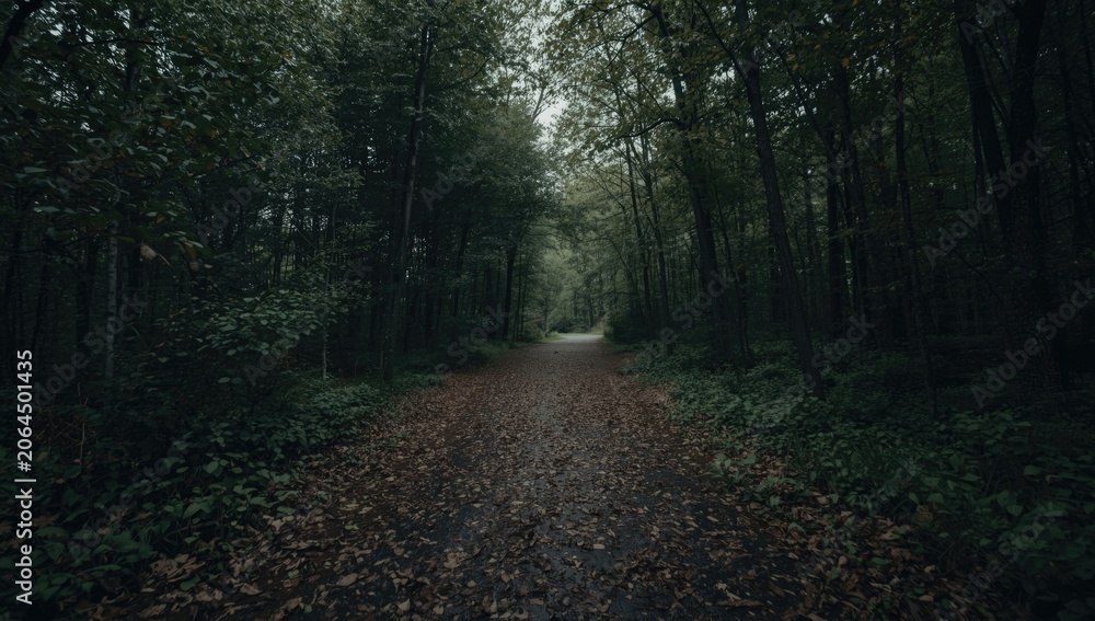 Fototapeta premium Path through a forest with fallen leaves and trees