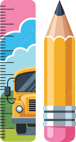 Yellow school bus and giant pencil ruler with clouds education