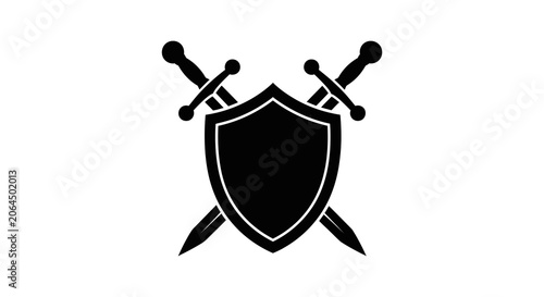 Swords and shield emblem in black silhouette against a white background swords