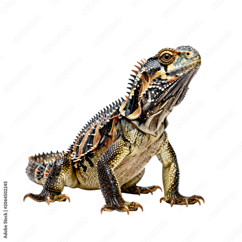 Fototapeta premium Detailed depiction of an iguana with spiky scales and unique color patterns looking upwards