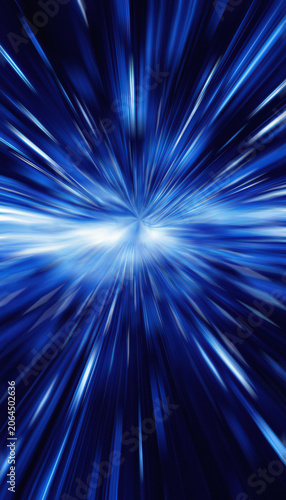 Fotografie Blue abstract speed light trails radiating from a bright energy center with motion blur, glowing streaks, grain, futuristic technology atmosphere