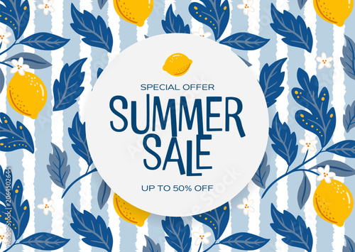 Summer Sale Announcement With Lemons on a Blue Background for Promotional Offer
