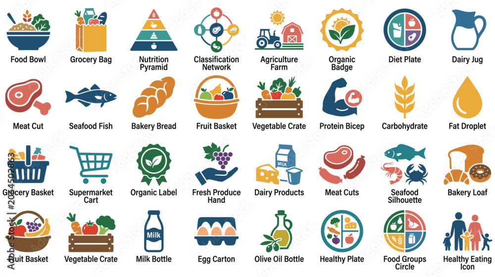 Fototapeta premium Nutrition and healthy food icons set for grocery and diet planning.
