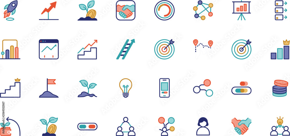 Naklejka premium Business Growth Strategy and Company Development Flat Line Icon Set for Career Goals Financial Analytics Rocket Startup and Innovation Vector Designs