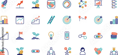 Foto Business Growth Strategy and Company Development Flat Line Icon Set for Career G