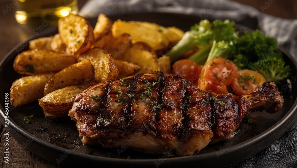 Fototapeta premium Succulent grilled chicken accompanied by crispy potato wedges and fresh vegetables