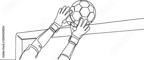 Fotografi Continuous line drawing of two hands in goal keeper gloves catching soccer ball over goal crossbar