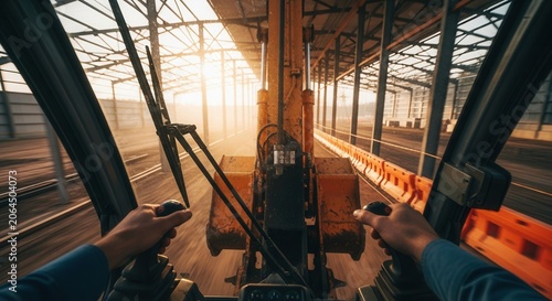 Construction Site Operator Driving Heavy Machinery During Golden Hour Ambitiously