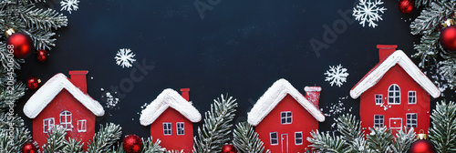 Christmas Watercolor Card with Red Houses on School Blackboard