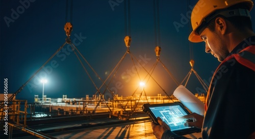 Construction Site Manager Overseeing Lifting Operations At Night Using Digital Tablet Blueprint
