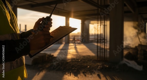 Construction Site Supervision During Golden Hour Dusk Operations