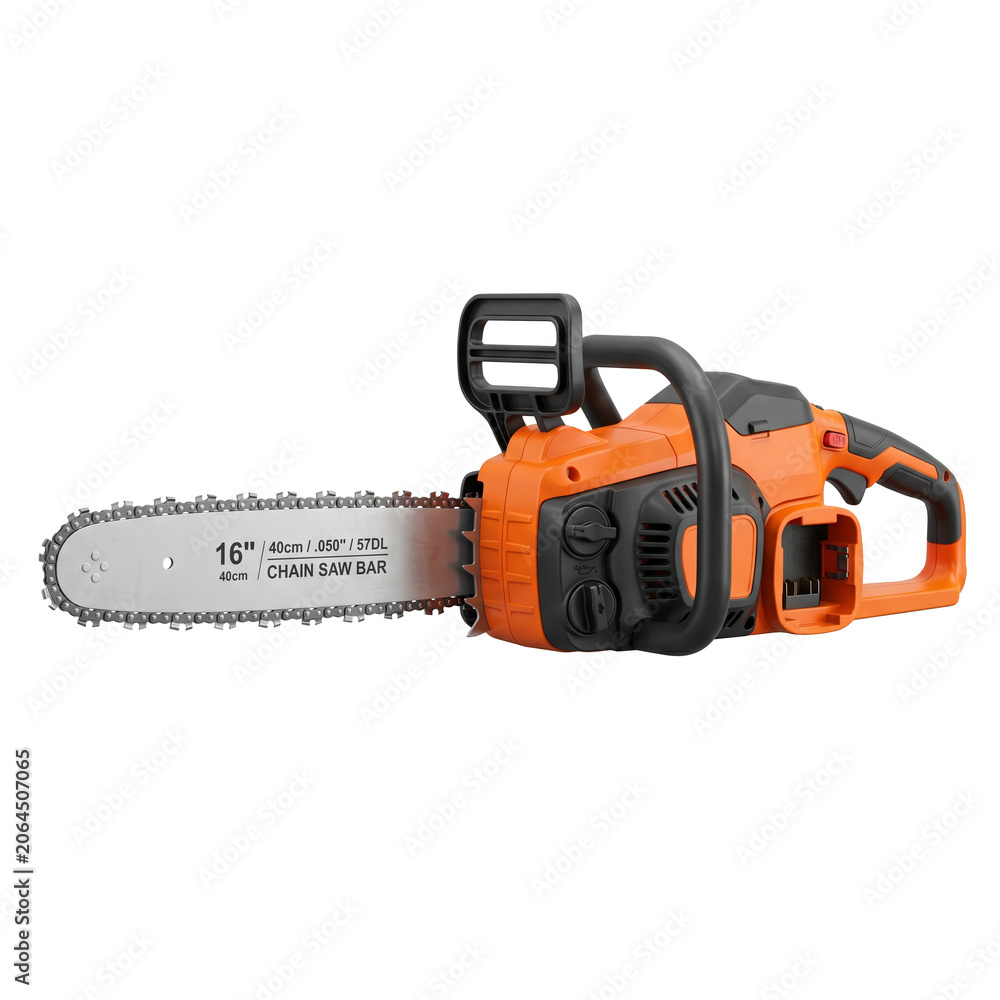 Fototapeta premium Orange and Black 16-Inch Cordless Battery Powered Chainsaw with Guide Bar, Isolated on White Background