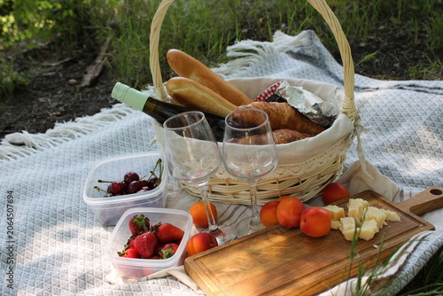 Picnic basket filled with bread, fruits, and wine glasses on a blanket in a grassy outdoor setting, surrounded by nature and sunlight filtering through trees