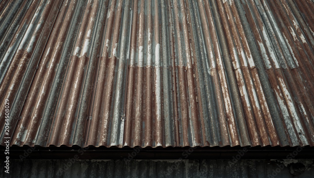 Obraz premium Rusty corrugated metal roof with peeling paint and wear