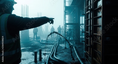 Construction Site In Fog With Workers Directing Material Flow
