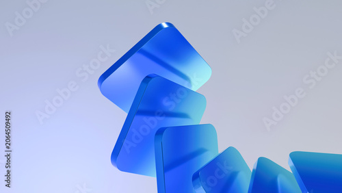 Canvas Print Abstract 3D render of glossy blue rounded squares stacked and curving upward on a light grey background