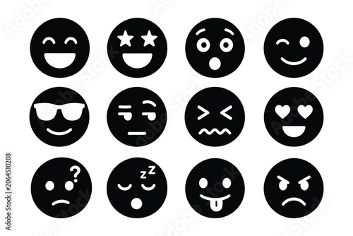 Canvas-taulu Set of circular black emoticon icons expressing different moods with emoticons e