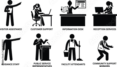 Schilderij op canvas Customer Service and Public Assistance Worker Silhouette Icon Collection