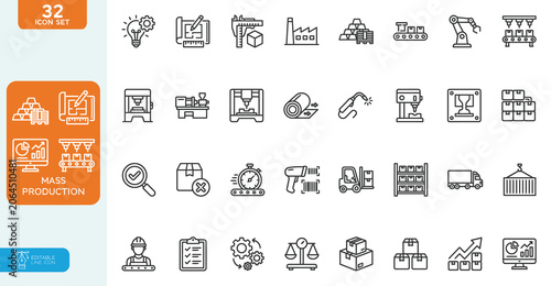 Mass Production Vector illustration line editable Icons set. Robot, productive, workflow, industrial, automation, collection. on white background.