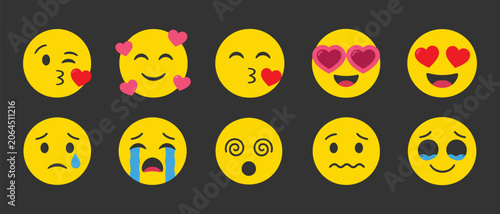 Obraz na plátně Set of various yellow emoji faces expressing different emotions and reactions wi