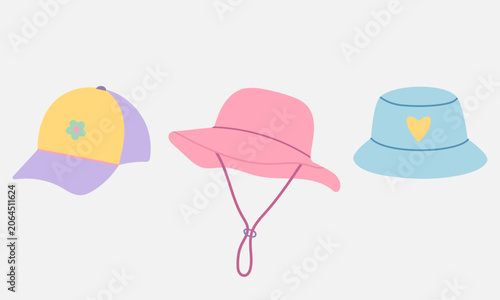 Valokuva Hand-drawn set of children's bucket hats and caps