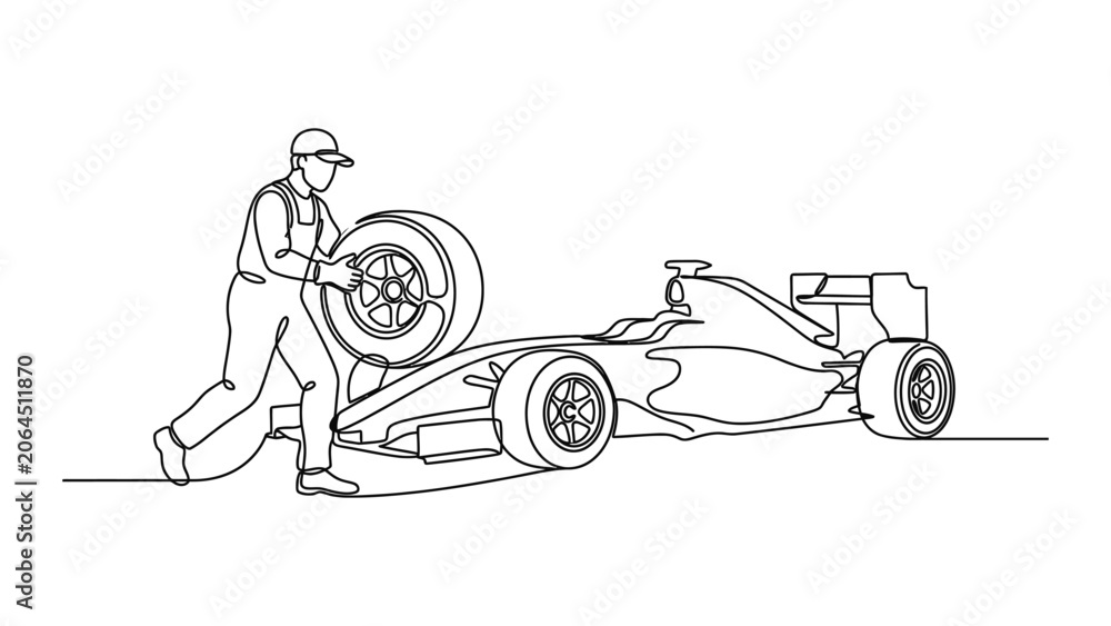 Naklejka premium Race Car Pit Stop - Mechanic Changing Tire - Continuous Line Drawing
