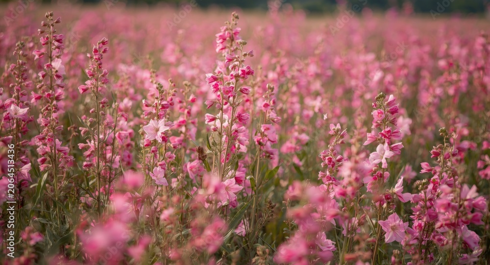 Fototapeta premium Vibrant field filled with blooming mallow flowers in shades of pink