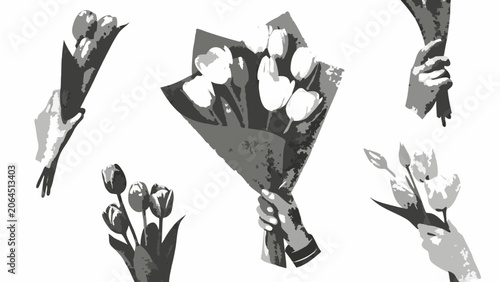 Fotografie A black and white vector illustration depicting hands offering bouquets of tulip