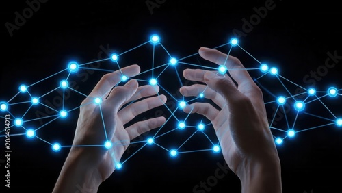 Hands interacting with glowing network nodes