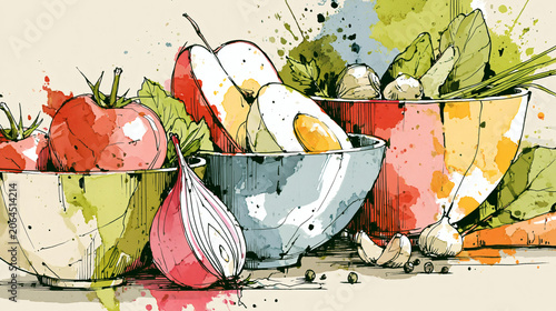 Fresh Vegetables Onions Garlic and Herbs Watercolor Illustration – Vibrant Kitchen Still Life
