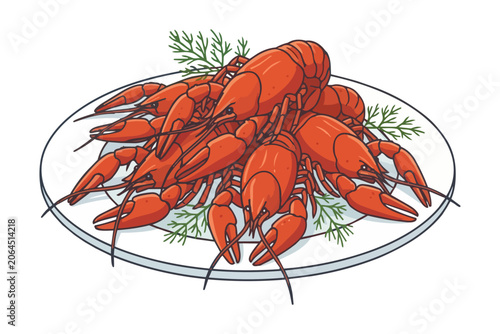 Plate of crayfish seasoned with fresh dill traditionally served during Swedish crayfish feast - vector illustration.