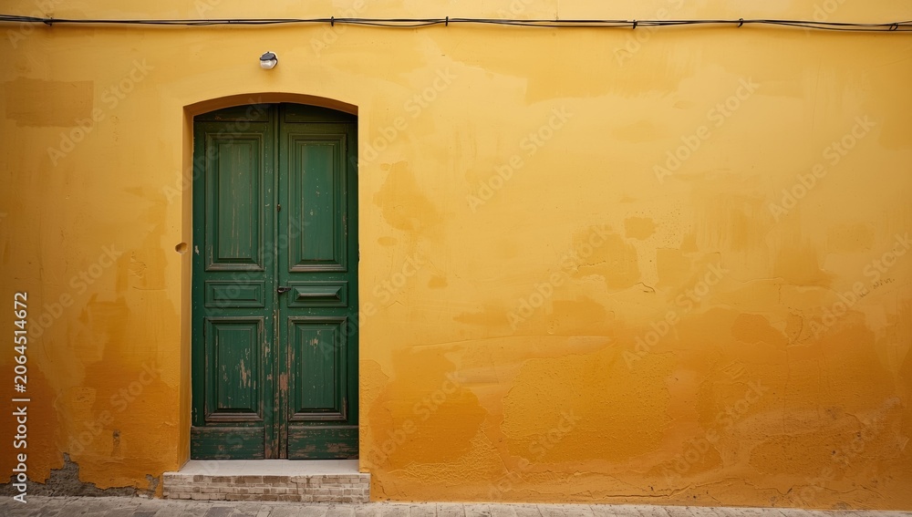 Fototapeta premium Green wooden door on a yellow wall