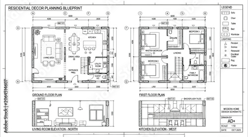 Tableau sur toile Residential interior decor planning blueprint with elevations