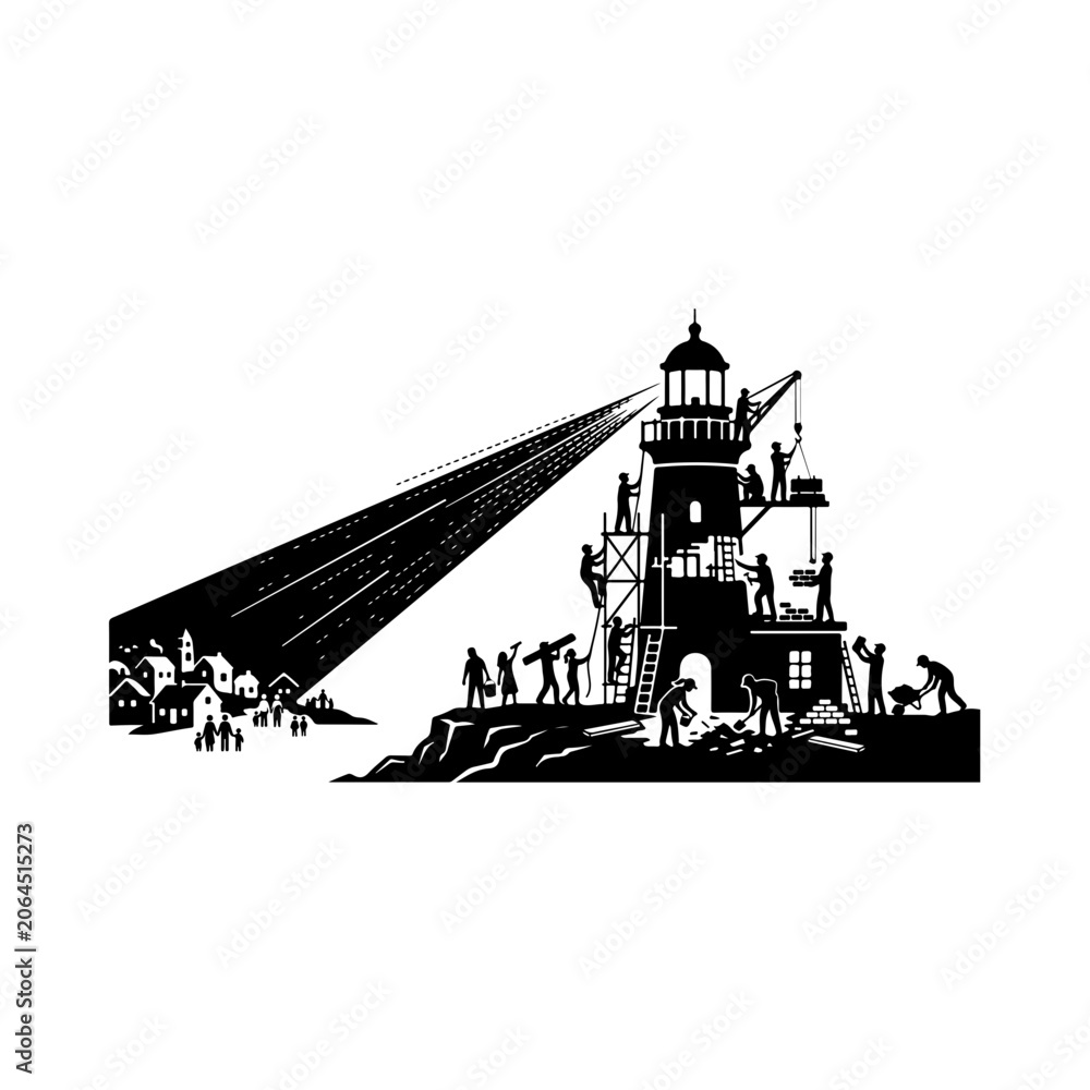 Obraz premium Lighthouse, silhouette, people working, construction site, black and white vector